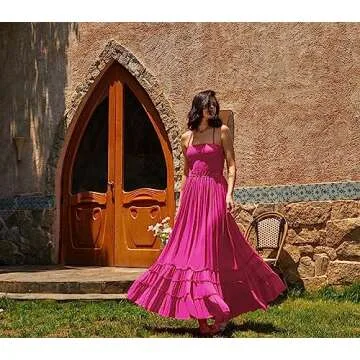 R.Vivimos Women’s Summer Boho Sexy Backless Long Dresses - Hot Pink
