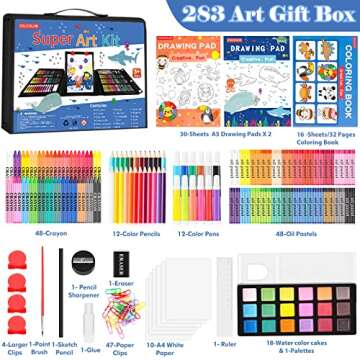 Soucolor Art Supplies, 283 Pieces Drawing Set Art Kits with Trifold Easel, 2 Drawing Pads, 1 Colorin...