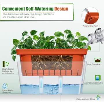 OurWarm Windowsill Herb Planter Box Indoor Set of 3, 10.5 Inch Self Watering Planter Pots with Visua...