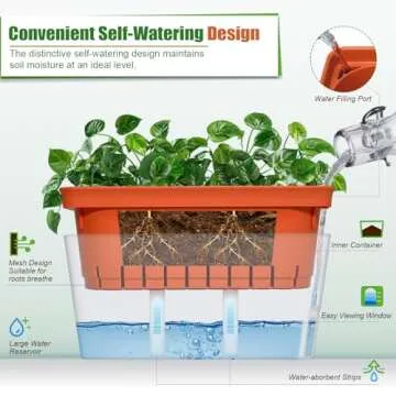 OurWarm Windowsill Herb Planter Box Indoor Set of 3, 10.5 Inch Self Watering Planter Pots with Visua...