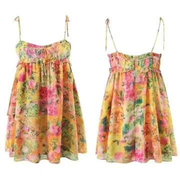 Floral Boho Mini Dress Flowy Chiffon Spaghetti Strap Corset Dress Y2k Floral Summer Dresses for Women 2024 (Yellow,M,Medium)