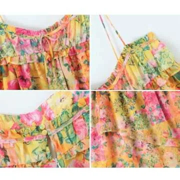 Floral Boho Mini Dress Flowy Chiffon Spaghetti Strap Corset Dress Y2k Floral Summer Dresses for Women 2024 (Yellow,M,Medium)