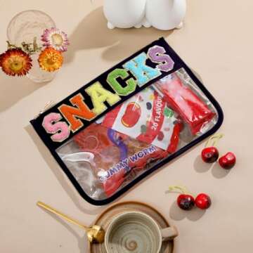 DYSHAYEN Snack Bag for Travel,Chenille Letter Clear Zipper Pouch,Nylon Clear Cosmetic Bag,Preppy Mak...