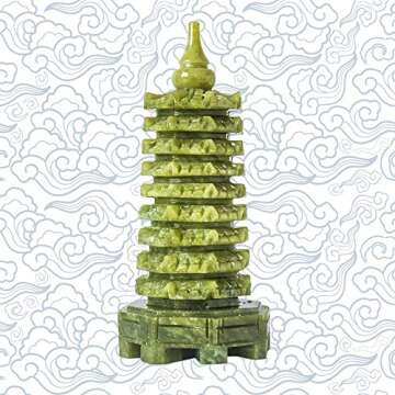 Addune Green Natural Jade Nine-Storey Wenchang Tower Pagoda Statue Fengshui Handmade Figure Hand Car...