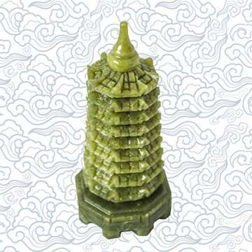 Addune Green Natural Jade Nine-Storey Wenchang Tower Pagoda Statue Fengshui Handmade Figure Hand Carved Collection Arts Home Decor Ornaments