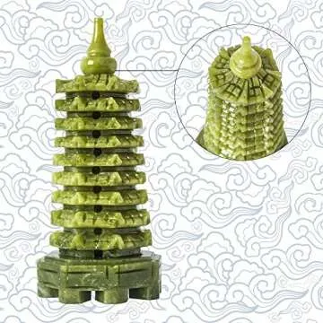 Addune Green Natural Jade Nine-Storey Wenchang Tower Pagoda Statue Fengshui Handmade Figure Hand Carved Collection Arts Home Decor Ornaments