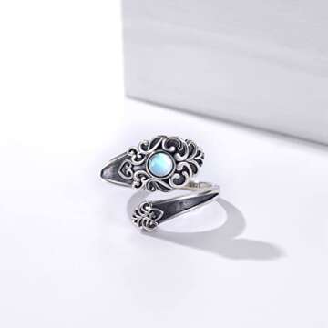 Moonstone Spoon Ring 925 Sterling Silver Open Adjustable Ring Oxidized Victorian Vintage Flower Thum...