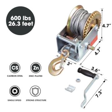 BIG RED 600lbs Manual Hand Crank Winch with Steel Cable
