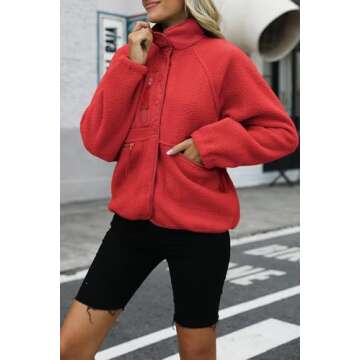 Nirovien Sherpa Jacket Women Fleece Jacket Button Down Jacket with Pockets Fuzzy Coat Teddy Bear Jacket(Orange Red,S)