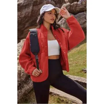 Nirovien Sherpa Jacket Women Fleece Jacket Button Down Jacket with Pockets Fuzzy Coat Teddy Bear Jacket(Orange Red,S)