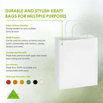 Prime Line Packaging White Kraft Paper Gift Bags - 100 Pack, Perfect for All Occasions