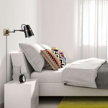 Globe Electric 51345 1-Light Plug-in or Hardwire Swing Arm Wall Sconce, Matte Black, Brass Accents, 6ft Black Woven Fabric Cord, Flat Plug, Rotary On/Off Switch, Wall Lighting, Bulb Not Included