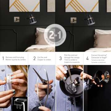 Globe Electric 51345 1-Light Plug-in or Hardwire Swing Arm Wall Sconce, Matte Black, Brass Accents, 6ft Black Woven Fabric Cord, Flat Plug, Rotary On/Off Switch, Wall Lighting, Bulb Not Included