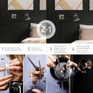 Globe Electric 51345 1-Light Plug-in or Hardwire Swing Arm Wall Sconce, Matte Black, Brass Accents, 6ft Black Woven Fabric Cord, Flat Plug, Rotary On/Off Switch, Wall Lighting, Bulb Not Included