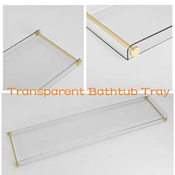 Beelee Bathtub Tray Clear Caddy Rack: Acrylic Tub Tray Shelf with Gold Rails to Hold Book Phone Candle Wine - Waterproof Bathtub Accessories, Luxury Gifts for Women