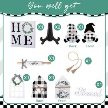 Yalikop 10 Pcs Farmhouse Decor for Tiered Tray, Black White Buffalo Plaid Gnome Wooden Mini Sign Rustic Table Ornaments for Kitchen Table Decor, Housewarming Gift (Cute Style)