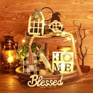 Yalikop 10 Pcs Farmhouse Decor for Tiered Tray, Black White Buffalo Plaid Gnome Wooden Mini Sign Rustic Table Ornaments for Kitchen Table Decor, Housewarming Gift (Cute Style)