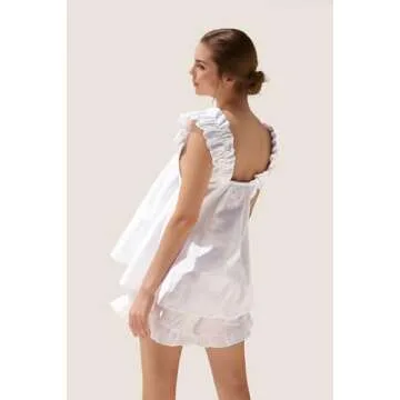 Xfileen Womens Summer 2 Piece Set Fashion Ruffle Trim Cami and Casual Shorts Set Cotton Pajama Sets White