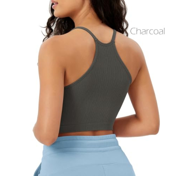 ODODOS Women's Crop 3-Pack Seamless Rib-Knit Camisole Crop Tank Tops, Mushroom Taupe Charcoal, Medium/Large