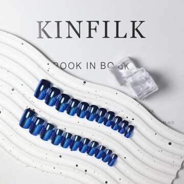 KQueenest Royal Blue Chrome Press on Nails Short Medium Square Metallic Fake Nails Glitter Glue on Nails Short Medium Mirror False Acrylic Nails Press Ons Natural Stick on Nails for Women 24 Pcs