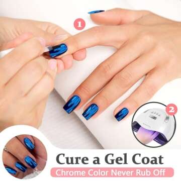 KQueenest Royal Blue Chrome Press on Nails Short Medium Square Metallic Fake Nails Glitter Glue on Nails Short Medium Mirror False Acrylic Nails Press Ons Natural Stick on Nails for Women 24 Pcs