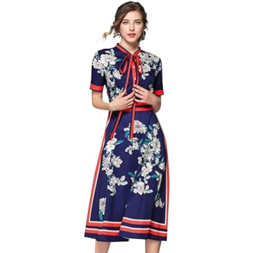 LAI MENG FIVE CATS Women's Tie Neck Floral Print Button Up Midi Dress