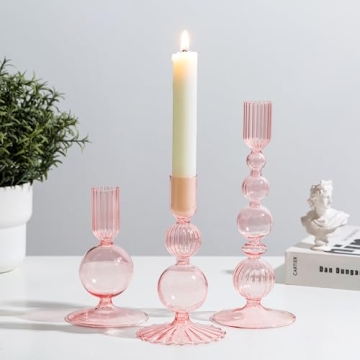 Glasseam Pink Glass Candlestick Holder: Unique Candle Holders Set of 3 Modern Taper Candle Holder De...