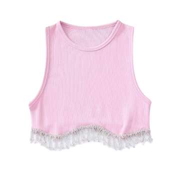 SAFRISIOR Women Rhinestone Trim Sleeveless Cropped Top Vest Crew Neck Rib Knit Crop Tank Top with Rhinestone Tassel Pink