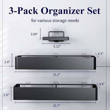 Kitsure Shower Caddy - 2 Pack with a Soap Holder, Large Organizers, Shelf for Inside Shower Room with Easy Installation, Durable & Rustproof Shelves for Smooth Surfaces, Black