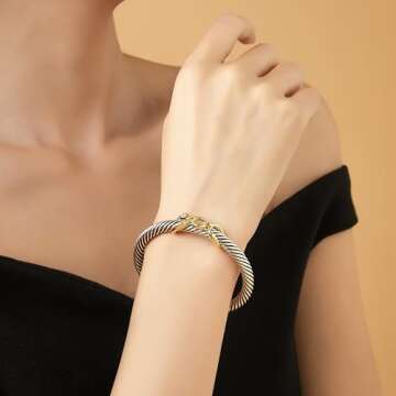 POWNOOL Twisted Cable Bracelets for Women - Two Tone Cuff Wire Bangle Bracelet - Silver Cuff Knot Vi...