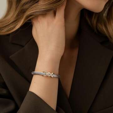POWNOOL Twisted Cable Bracelets for Women - Two Tone Cuff Wire Bangle Bracelet - Silver Cuff Knot Vintage Style Jewelry Gift for Her