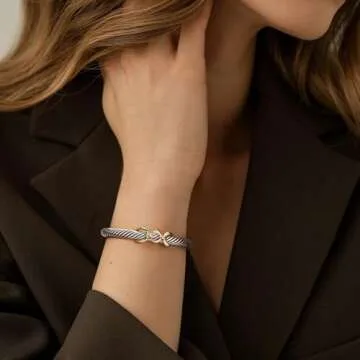 POWNOOL Twisted Cable Bracelets for Women - Two Tone Cuff Wire Bangle Bracelet - Silver Cuff Knot Vintage Style Jewelry Gift for Her