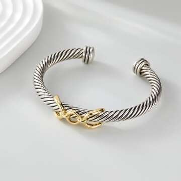 POWNOOL Twisted Cable Bracelets for Women - Two Tone Cuff Wire Bangle Bracelet - Silver Cuff Knot Vintage Style Jewelry Gift for Her