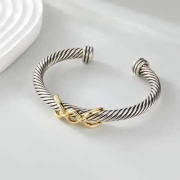 POWNOOL Twisted Cable Bracelets for Women - Two Tone Cuff Wire Bangle Bracelet - Silver Cuff Knot Vintage Style Jewelry Gift for Her