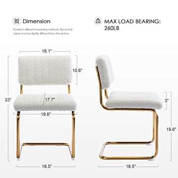 Zesthouse Mid Century Boucle Dining Chairs Set of 2, White Retro Kitchen Chairs with Gold Legs, Upholstered Armless Accent Chairs Side Chairs for Living Room