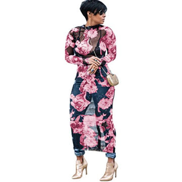 Womens Sexy Long Sleeve Turtleneck Floral Printed See-Through Bodycon Party Clubwear Dress (XXL, Red...