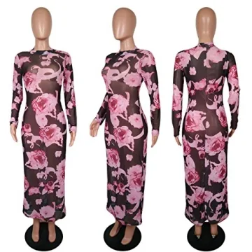 Floral Printed See-Through Bodycon Party Dress for Women