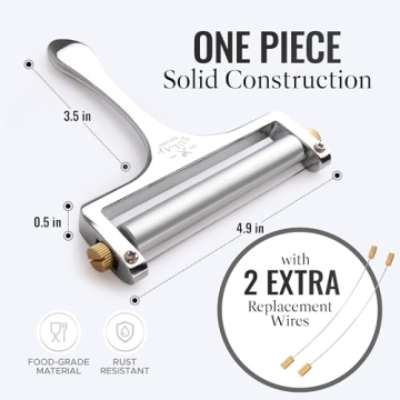 Zulay Kitchen Stainless Steel Wire Cheese Slicer - Adjustable Hand Held Cheese Cutter with 2 Extra Wires - Premium Cheese Shaver for Mozzarella, Cheddar, Gruyere - Cheese Cutter with Wire (Silver)