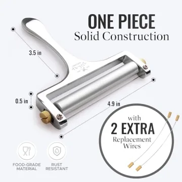 Zulay Kitchen Stainless Steel Wire Cheese Slicer - Adjustable Hand Held Cheese Cutter with 2 Extra Wires - Premium Cheese Shaver for Mozzarella, Cheddar, Gruyere - Cheese Cutter with Wire (Silver)
