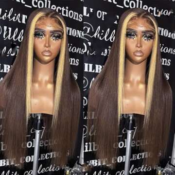 QD-Tizer Brown Hair Color Lace Front Wig Long Straight Hair Wigs Honey Blonde Face Framing Highlight...