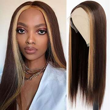 QD-Tizer Brown Hair Color Lace Front Wig Long Straight Hair Wigs Honey Blonde Face Framing Highlights Heat Resistant Synthetic Lace Front Wigs for Fashion Women