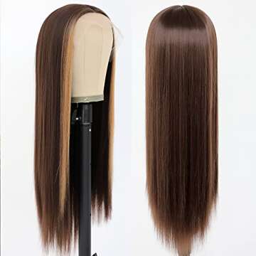 QD-Tizer Brown Hair Color Lace Front Wig Long Straight Hair Wigs Honey Blonde Face Framing Highlights Heat Resistant Synthetic Lace Front Wigs for Fashion Women