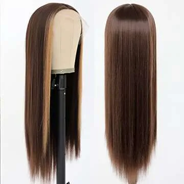 QD-Tizer Brown Hair Color Lace Front Wig Long Straight Hair Wigs Honey Blonde Face Framing Highlights Heat Resistant Synthetic Lace Front Wigs for Fashion Women