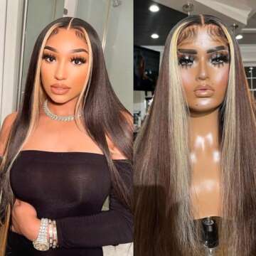 QD-Tizer Brown Hair Color Lace Front Wig Long Straight Hair Wigs Honey Blonde Face Framing Highlights Heat Resistant Synthetic Lace Front Wigs for Fashion Women