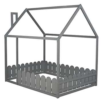 Merax Kids Bed House Shaped, Low Beds for Toddlers, Wood Platform Bed Frame for Children, Box Spring Needed,Easy Assemble (Full,Gray