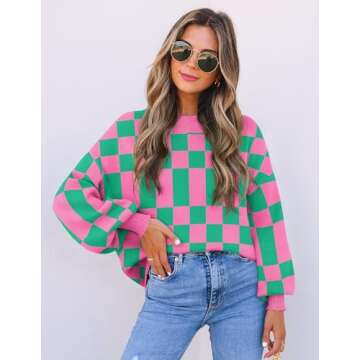 ZESICA Women's Casual Turtleneck Long Lantern Sleeve Oversized Ribbed Knit Pullover Sweater Jumper Top,GreenPlaid,Small