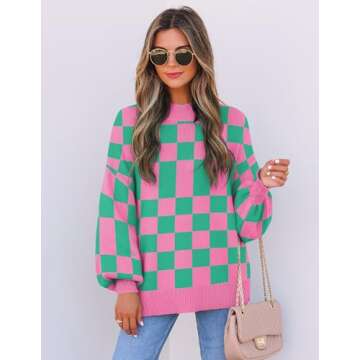 ZESICA Women's Casual Turtleneck Long Lantern Sleeve Oversized Ribbed Knit Pullover Sweater Jumper Top,GreenPlaid,Small