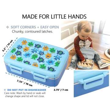 kinsho Stainless Steel Toddler Lunch Box for Daycare, Insulated Mini Bento for Toddlers Baby Boys, 3 Eco Metal Portion Sections Leakproof Lid, Pre-School Lunches Snack Container, Blue Monster