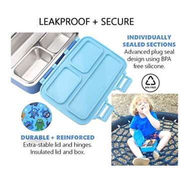 kinsho Stainless Steel Toddler Lunch Box for Daycare, Insulated Mini Bento for Toddlers Baby Boys, 3 Eco Metal Portion Sections Leakproof Lid, Pre-School Lunches Snack Container, Blue Monster