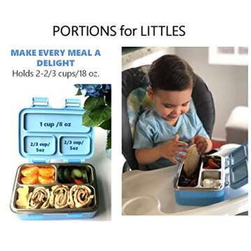 kinsho Stainless Steel Toddler Lunch Box for Daycare, Insulated Mini Bento for Toddlers Baby Boys, 3 Eco Metal Portion Sections Leakproof Lid, Pre-School Lunches Snack Container, Blue Monster